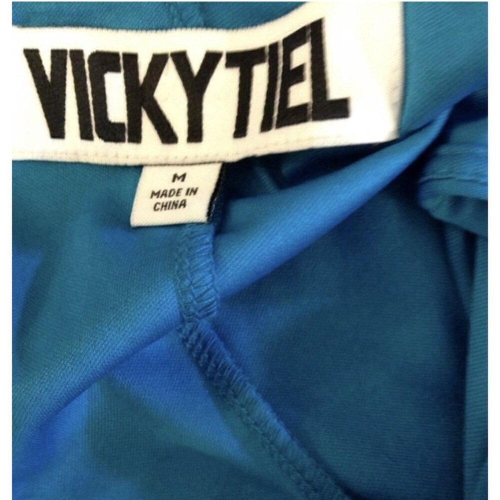 Vicky Tiel M Teal Abstract Peacock V-Neck Layers Lined Zip 1/2 Sleeve Maxi Dress - Picture 6 of 6